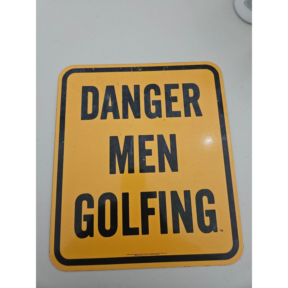 Ande Rooney Danger Men Golfing Porcelain Enamel Sign Yellow Black Vintage Style